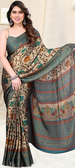 Beige and Brown color Saree in Chiffon fabric with Floral, Printed work