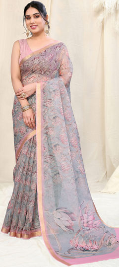 Festive, Traditional Black and Grey color Saree in Kota Doria Silk fabric with Bengali Printed work : 1935028