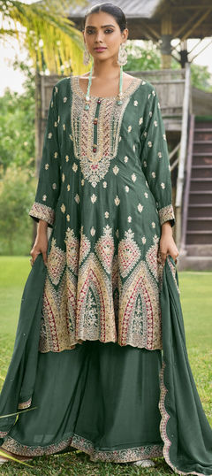 Green color Salwar Kameez in Silk fabric with Embroidered, Sequence, Thread work