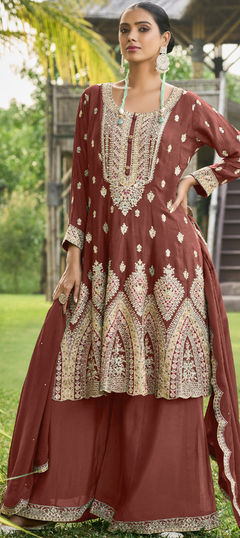 Beige and Brown color Salwar Kameez in Silk fabric with Embroidered, Sequence, Thread work