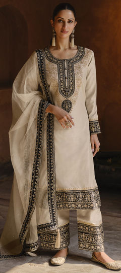 Beige and Brown color Salwar Kameez in Georgette fabric with Embroidered, Sequence, Thread, Zari work