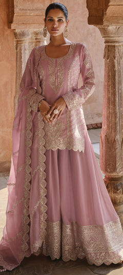 Pink and Majenta color Salwar Kameez in Georgette fabric with Embroidered, Sequence, Thread, Zari work