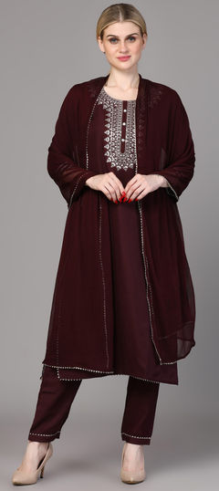 Red and Maroon color Salwar Kameez in Rayon fabric with Embroidered work