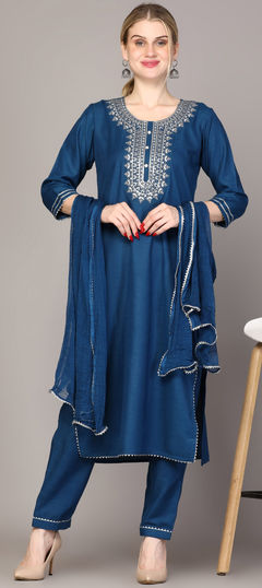 Blue color Salwar Kameez in Rayon fabric with Embroidered work
