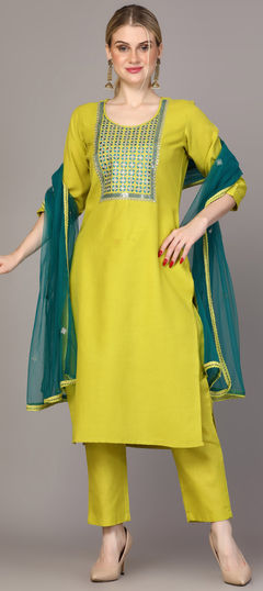 Yellow color Salwar Kameez in Rayon fabric with Embroidered work