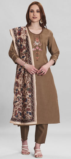 Beige and Brown color Salwar Kameez in Rayon fabric with Embroidered work