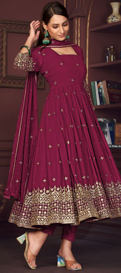 Pink and Majenta color Salwar Kameez in Georgette fabric with Embroidered, Resham, Thread work