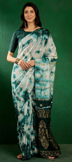 Green color Saree in Blended Cotton fabric with Printed, Weaving work