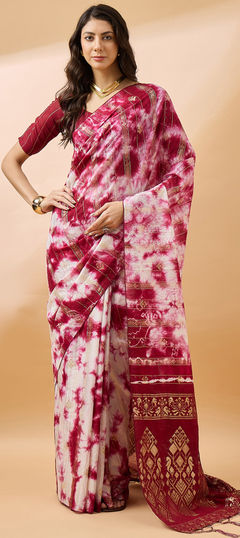 Red and Maroon color Saree in Blended Cotton fabric with Printed, Weaving work