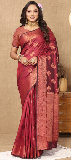 Red and Maroon color Saree in Silk cotton fabric with Weaving, Zari work