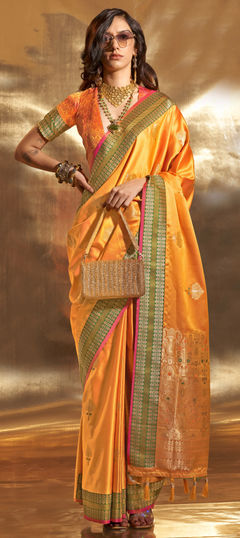 Orange color Saree in Satin Silk fabric with Weaving, Zari work