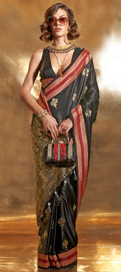 Black and Grey color Saree in Satin Silk fabric with Weaving, Zari work