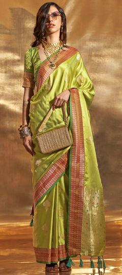 Green color Saree in Satin Silk fabric with Weaving, Zari work