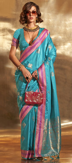 Blue color Saree in Satin Silk fabric with Weaving, Zari work