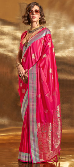 Pink and Majenta color Saree in Satin Silk fabric with Weaving, Zari work