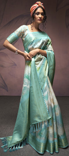 Blue color Saree in Art Silk fabric with Digital Print, Weaving work