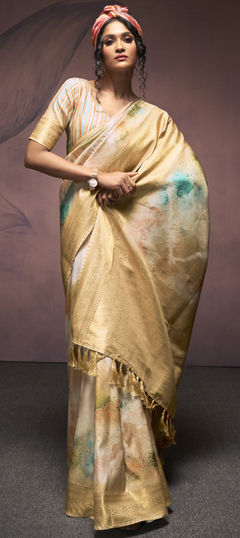 Beige and Brown color Saree in Art Silk fabric with Digital Print, Weaving work