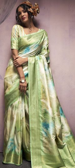 Green color Saree in Art Silk fabric with Digital Print, Weaving work