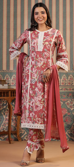 Red and Maroon color Salwar Kameez in Muslin fabric with Floral, Lace, Printed work