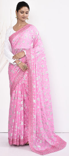 Pink and Majenta color Saree in Georgette fabric with Embroidered, Stone, Thread work