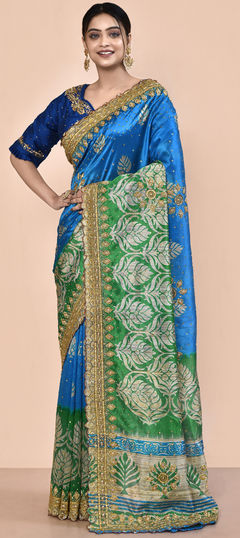 Blue color Saree in Kanjeevaram Silk fabric with Cut Dana, Printed, Stone work