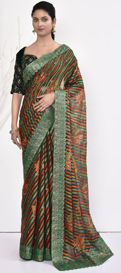 Green color Saree in Silk fabric with Border, Embroidered, Stone work