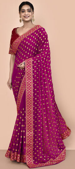 Pink and Majenta color Saree in Georgette fabric with Embroidered, Stone, Thread work