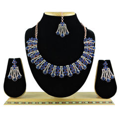 Gold Rodium Polish Blue color Necklace in Metal Alloy studded with CZ Diamond
