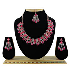 Gold Rodium Polish Pink and Majenta color Necklace in Metal Alloy studded with CZ Diamond