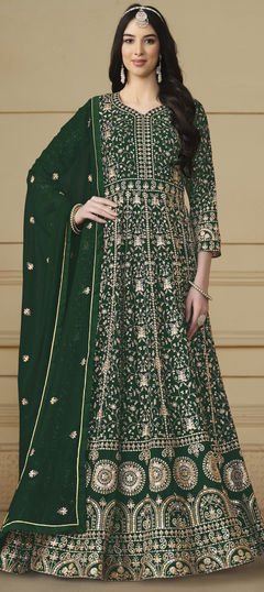 Engagement, Reception, Wedding Green color Salwar Kameez in Faux Georgette fabric with Anarkali Embroidered, Sequence, Thread work : 1935397