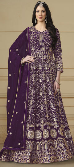 Engagement, Reception, Wedding Purple and Violet color Salwar Kameez in Faux Georgette fabric with Anarkali Embroidered, Sequence, Thread work : 1935398