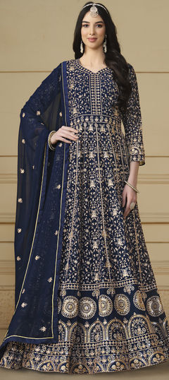 Engagement, Reception, Wedding Blue color Salwar Kameez in Faux Georgette fabric with Anarkali Embroidered, Sequence, Thread work : 1935399