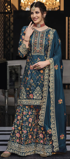 Blue color Salwar Kameez in Silk fabric with Embroidered, Resham, Sequence, Thread work