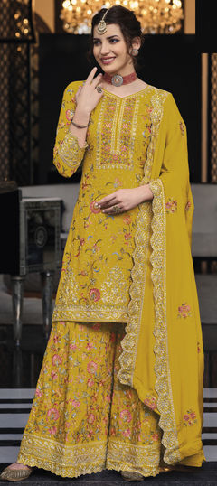 Yellow color Salwar Kameez in Silk fabric with Embroidered, Resham, Sequence, Thread work