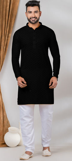 Party Wear Black and Grey color Kurta Pyjamas in Rayon fabric with Embroidered, Sequence, Thread work : 1935446