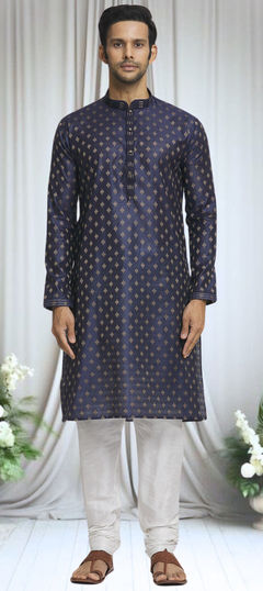 Festive, Wedding Blue color Kurta Pyjamas in Brocade fabric with Weaving work : 1935447