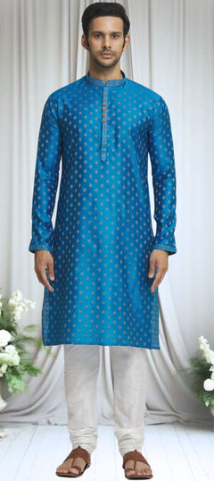 Festive, Wedding Blue color Kurta Pyjamas in Brocade fabric with Weaving work : 1935450