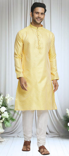 Festive, Wedding Yellow color Kurta Pyjamas in Brocade fabric with Weaving work : 1935451