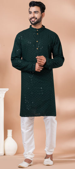 Party Wear Green color Kurta Pyjamas in Rayon fabric with Embroidered, Sequence, Thread work : 1935453