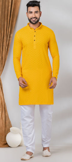 Party Wear Yellow color Kurta Pyjamas in Rayon fabric with Embroidered, Sequence, Thread work : 1935457