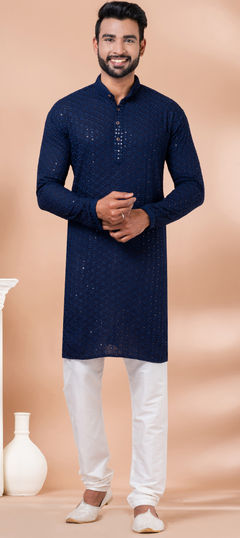 Party Wear Blue color Kurta Pyjamas in Rayon fabric with Embroidered, Sequence, Thread work : 1935459