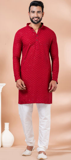 Party Wear Red and Maroon color Kurta Pyjamas in Rayon fabric with Embroidered, Sequence, Thread work : 1935460