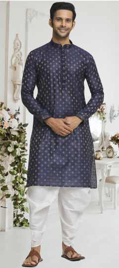 Blue color Dhoti Kurta in Brocade fabric with Weaving work