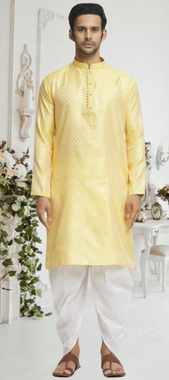 Yellow color Dhoti Kurta in Brocade fabric with Weaving work