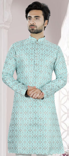 Blue color Kurta in Brocade fabric with Printed work