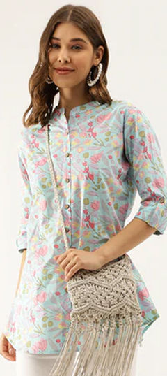 Blue color Tops and Shirts in Cotton fabric with Floral, Printed work
