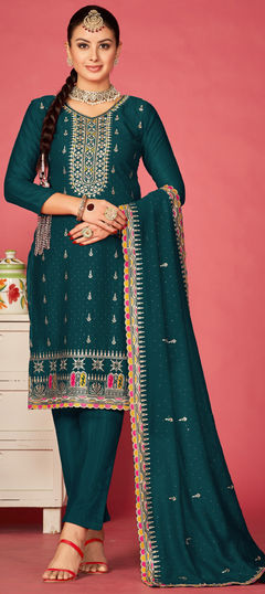 Green color Salwar Kameez in Art Silk fabric with Embroidered, Stone, Swarovski work