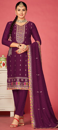 Purple and Violet color Salwar Kameez in Art Silk fabric with Embroidered, Stone, Swarovski work