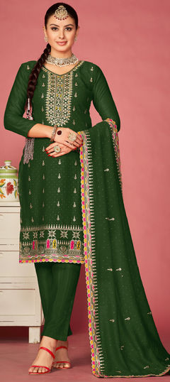 Green color Salwar Kameez in Art Silk fabric with Embroidered, Stone, Swarovski work