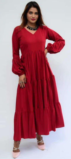 Red and Maroon color Gown in Silk fabric with Thread work